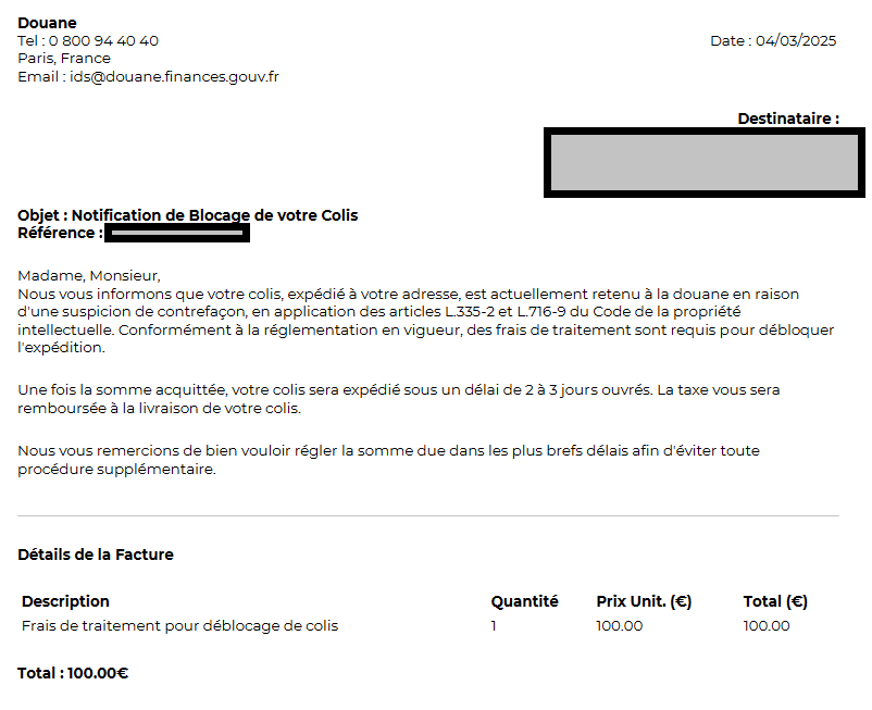 Faux email de la douane française